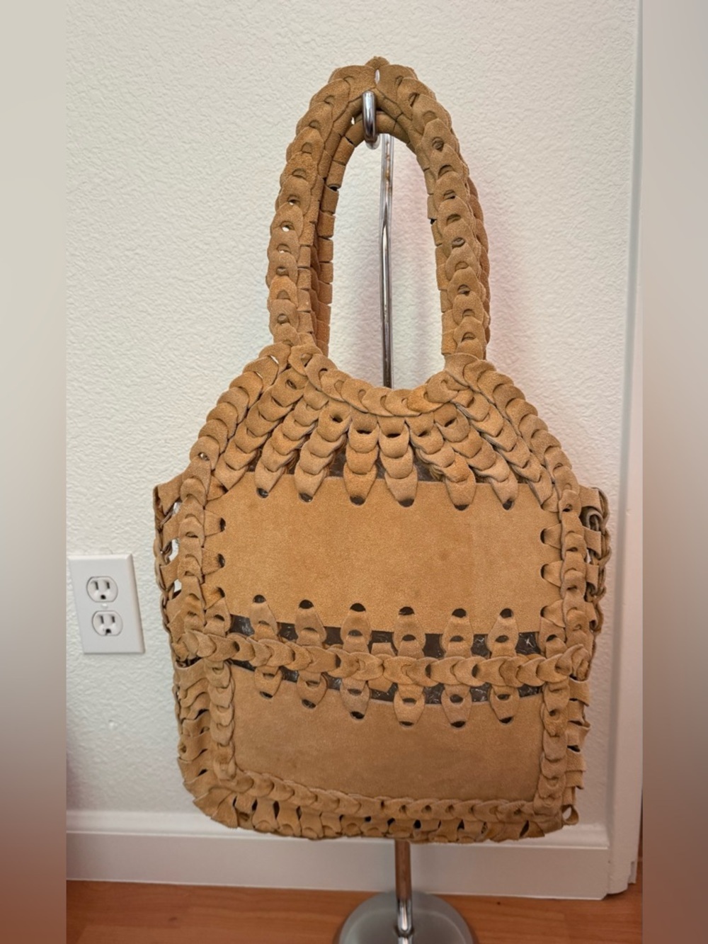 Braided Genuine Suede Tote Bag in Tan - Picture 1 of 3